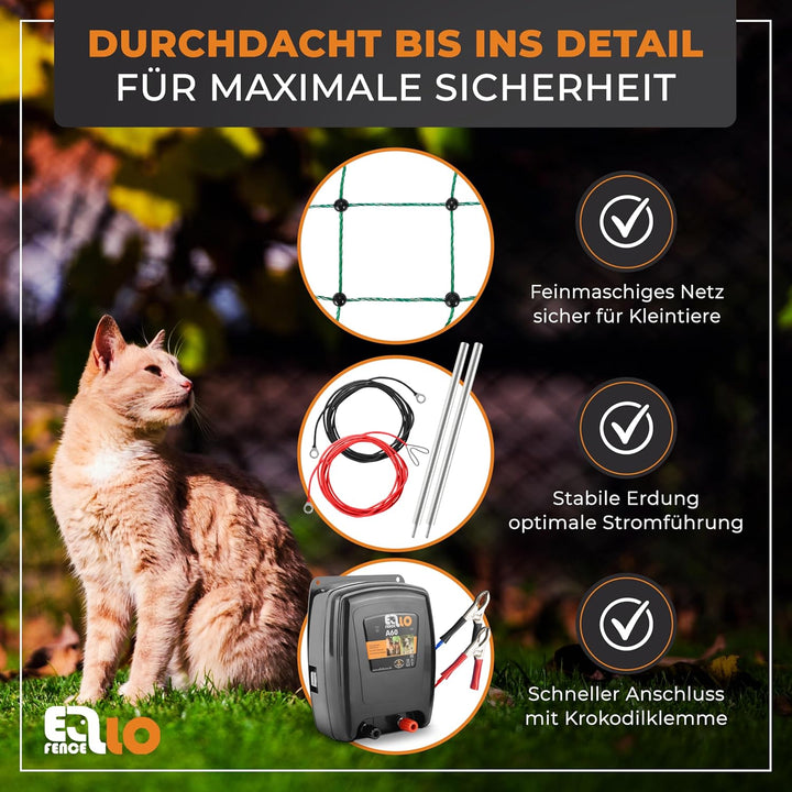 Weidezaun Kleintier Set - Leises 12V Akku Weidezaungerät, 12m elektrifizierbares Netz, Erdung & Zaun