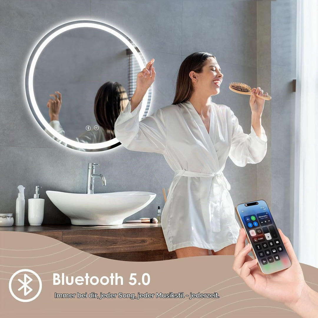 Dripex Badspiegel mit Beleuchtung Rund Led Spiegel mit Bluetooth-Lautsprecher und Touch-Schalter, Di