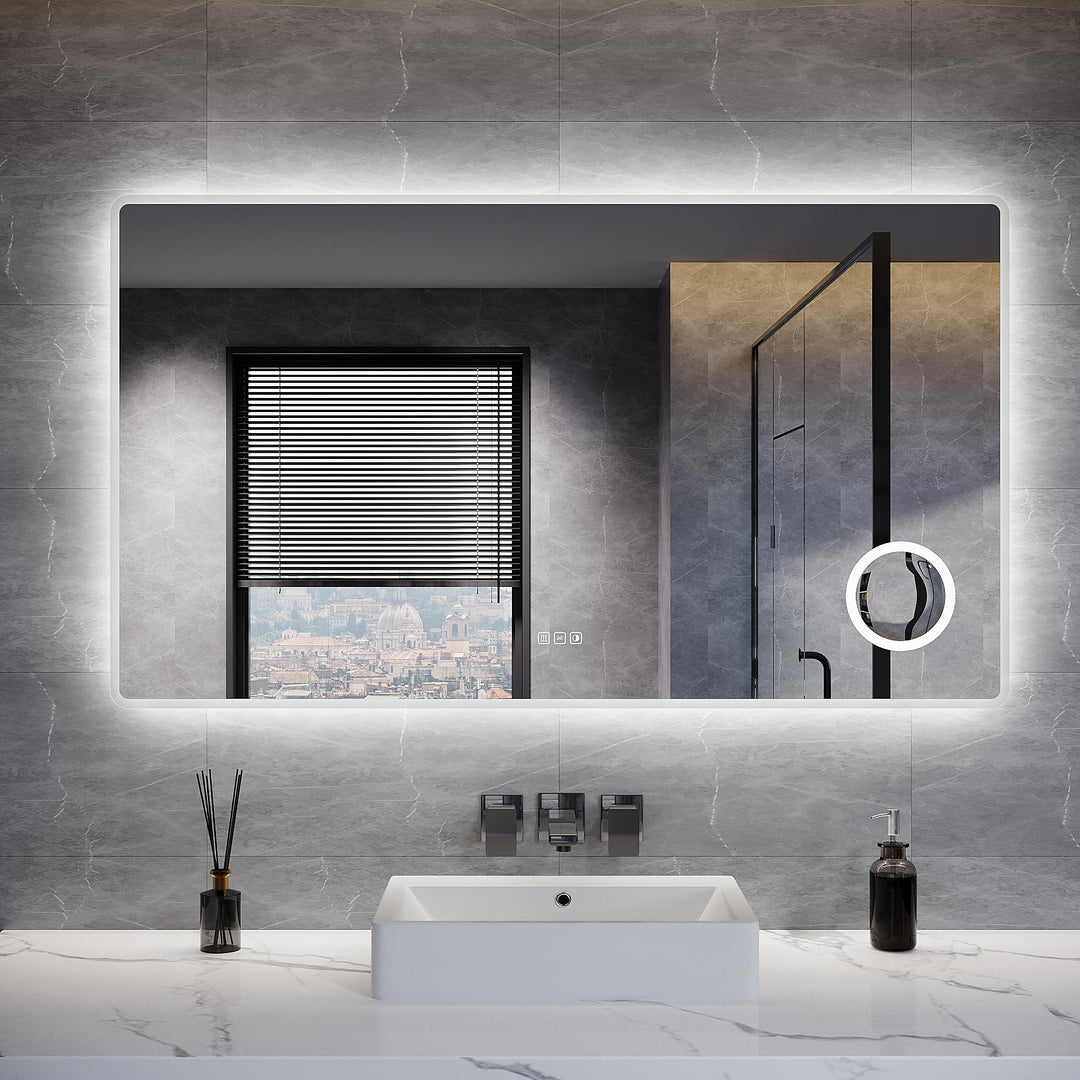 LED Badspiegel 120 x 70 cm Spiegel Bad mit Beleuchtung, 3 Farbe modi, Steckdose, 3X Lupe, Anti-Besch