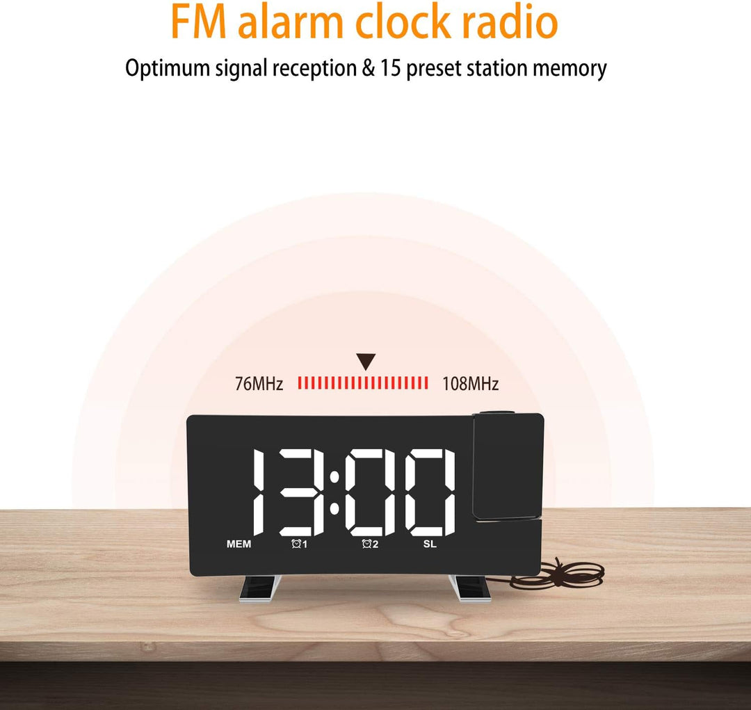 ThreeH Digitaler Projektionswecker UKW-Radiouhr mit USB-Ladegerät 2 Weckereinstellung 5'' grosses Di