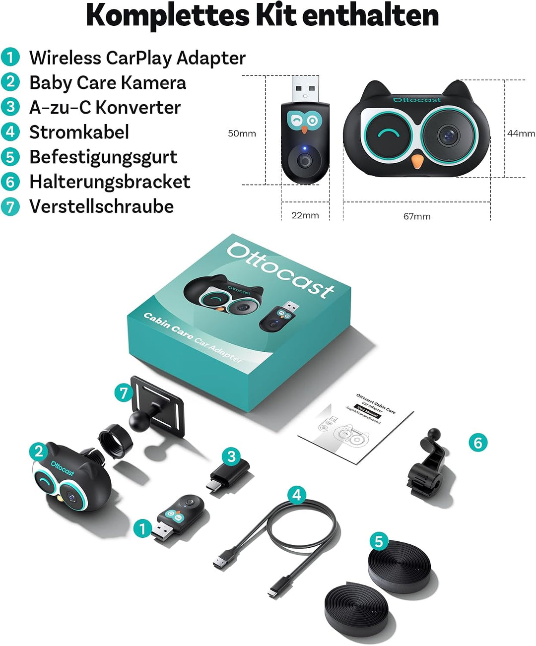 OTTOCAST 2-in-1 Baby Auto Kamera &amp; Wireless CarPlay Adapter, 1080P HD, Echtzeit-Anzeige auf Original