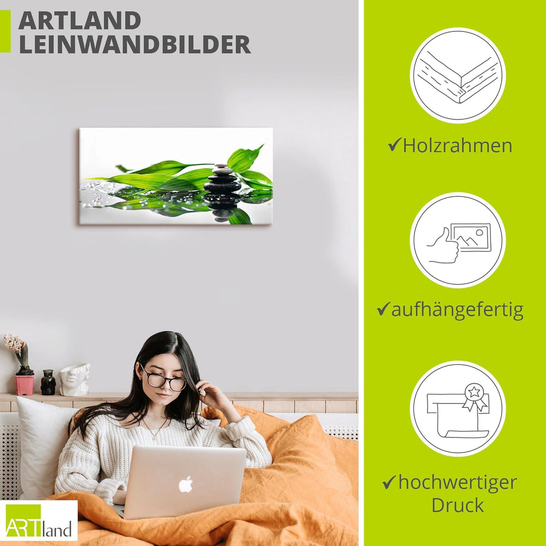 ARTland Leinwandbilder Wandbild Bild auf Leinwand 100x50 cm Wellness Zen Stein Fotografie Grün Spa m