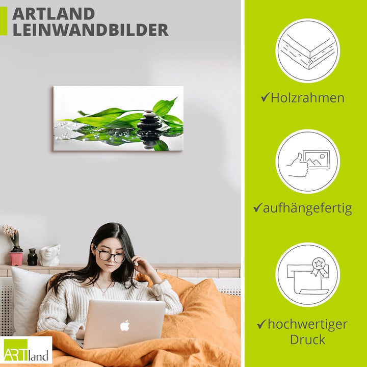 ARTland Leinwandbilder Wandbild Bild auf Leinwand 100x50 cm Wellness Zen Stein Fotografie Grün Spa m