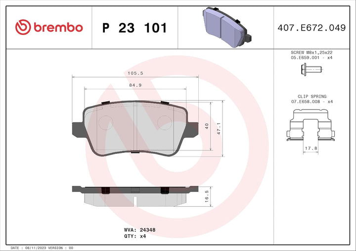Brembo P 23 101 Bremsbelagsatz, Scheibenbremse - (4-teilig)