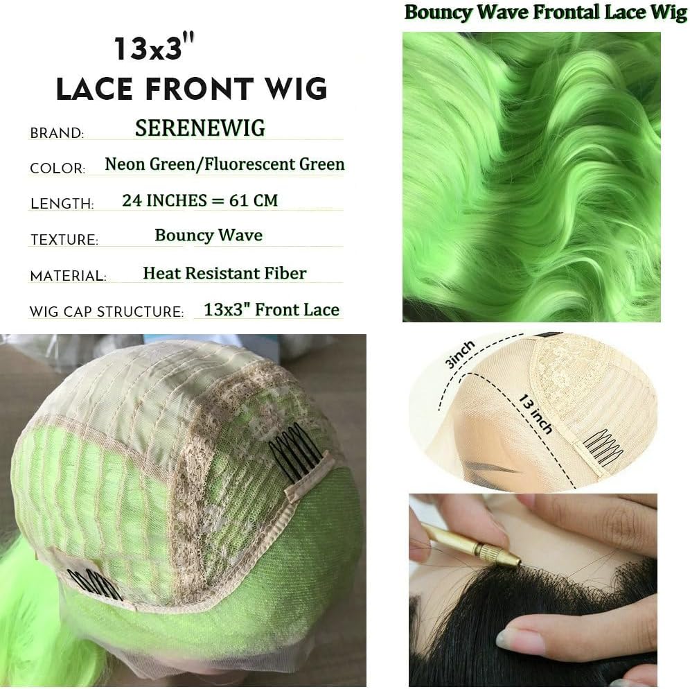 13x2.5" Fluoreszierendes Grün natürlich lange gewellte Perücken synthetische Lace-Front-Perücken für