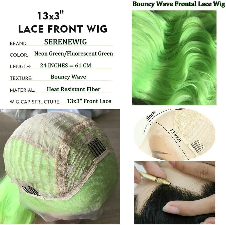 13x2.5" Fluoreszierendes Grün natürlich lange gewellte Perücken synthetische Lace-Front-Perücken für