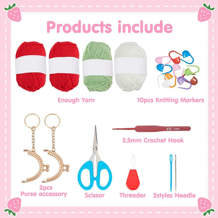 ORIGACH 2 Stück Erdbeer Geldbörse Häkelset Für Anfänger, DIY Kiss Lock Brieftasche Starter Häkelset
