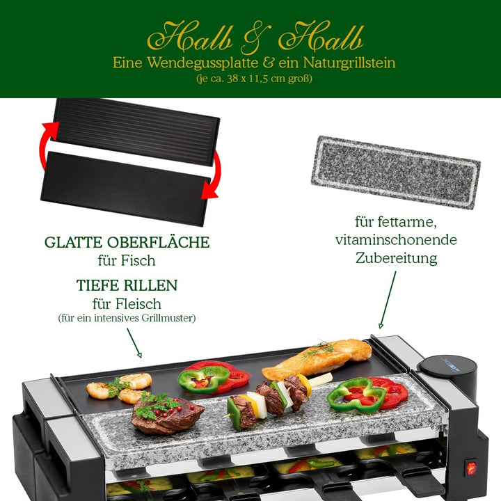 Clatronic RG 3678, 2in1 Raclette-Grill, Naturgrillstein &amp; Wendegussplatte, 180°-Drehgelenk, 8 Pfännc
