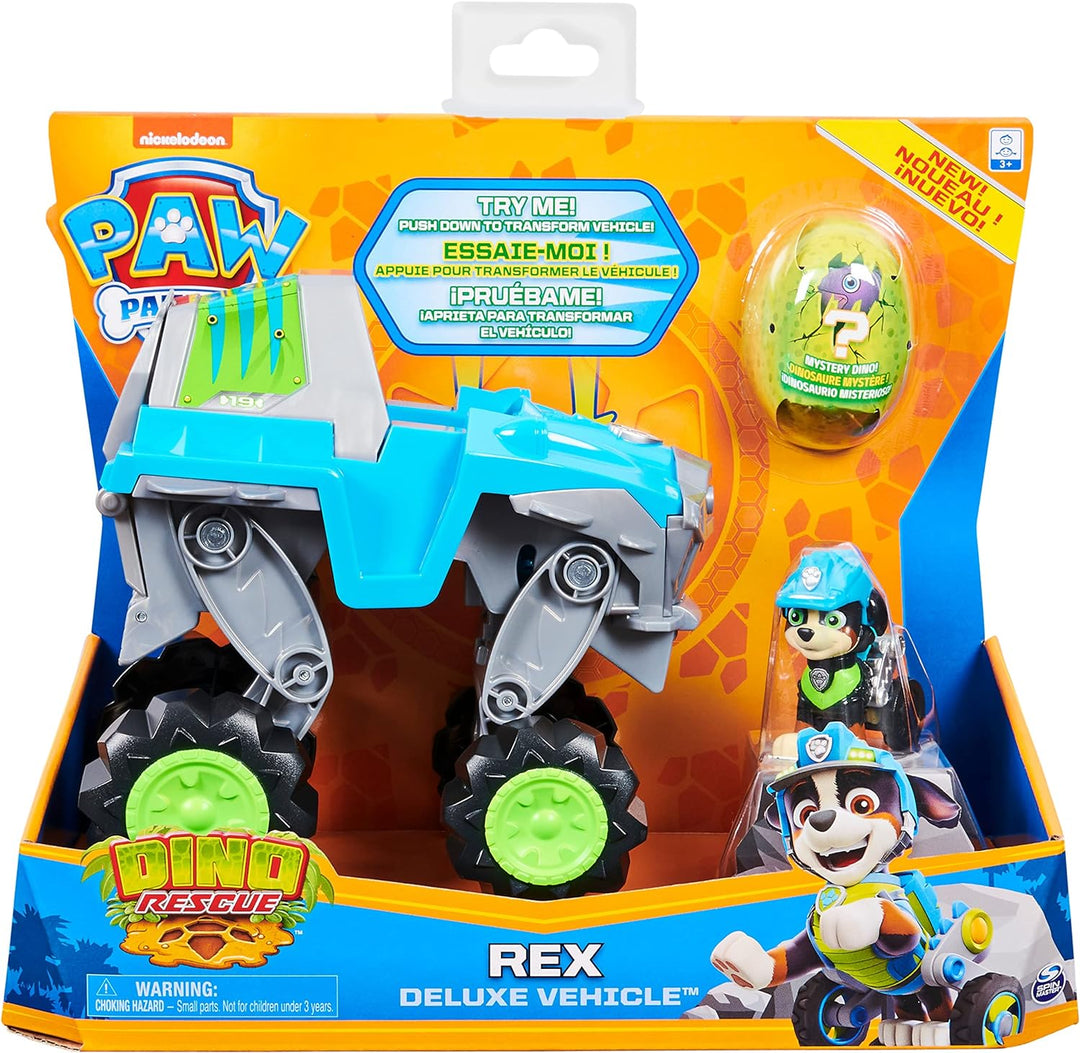 PAW Patrol Dino Rescue Deluxe Fahrzeug von Rex, inklusive Rex-Spielfigur und Überraschungs-Dinosauri