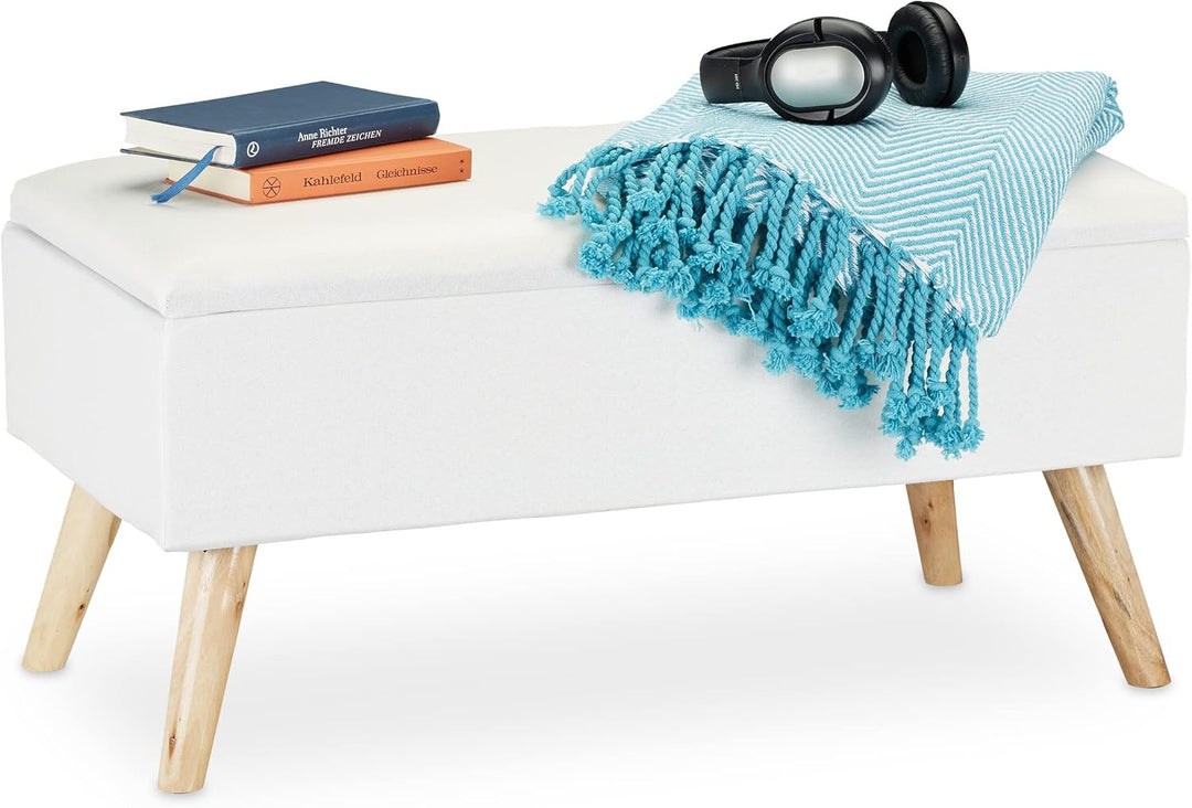 Relaxdays, weiss Sitzbank mit Stauraum, gepolstert, Holzbeine, Truhenbank Stoffbezug, H x B x T: 39,