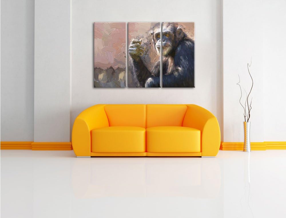 Pixxprint Aufmerksamer Schimpanse Kunst Pinsel Effekt 3-Teiler Leinwandbild 120x80 Bild auf Leinwand