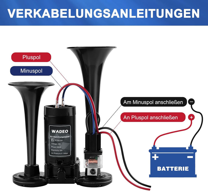 WADEO LKW Hupe 12V 118db, Super Laut Autohupe mit Kompressor, Lufthorn Drucklufthorn Kit für alle 12