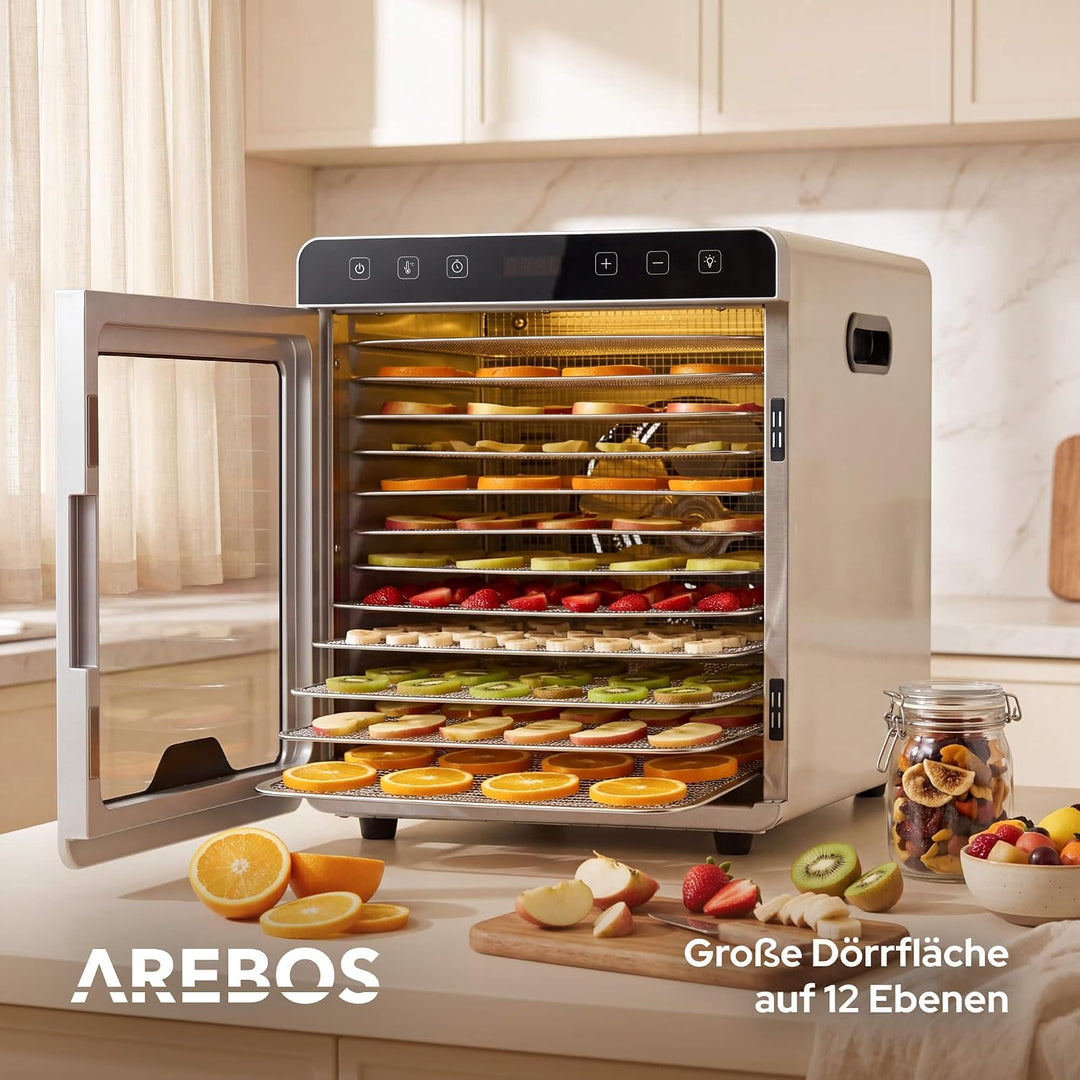 Arebos Dörrautomat Edelstahl 800W | Dehydrator mit 12 Gittern & 29L | Dörrgerät für Obst, Gemüse, Kr