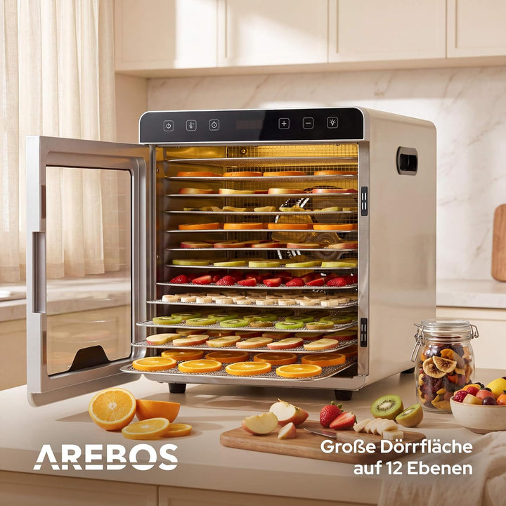 Arebos Dörrautomat Edelstahl 800W | Dehydrator mit 12 Gittern & 29L | Dörrgerät für Obst, Gemüse, Kr