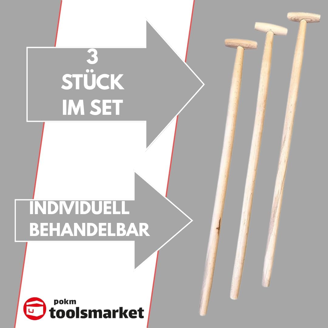 3 Stk. Besenstiel Holz 100cm Ersatzstiel mit T-Griff, Holzstiel aus Buchenholz, Gerätestiel Ø 38 mm,