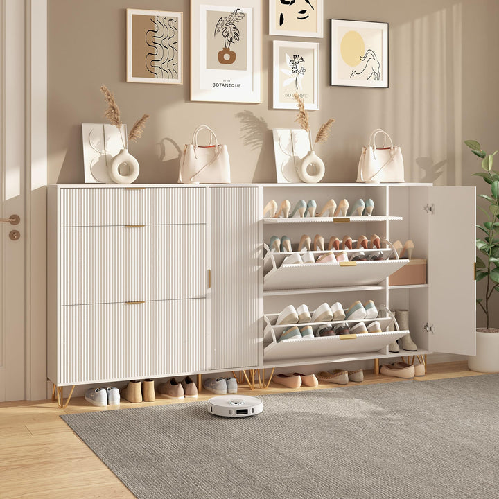 2er Set Schuhschrank mit 2 Klappen und 2 Türen, Weiss Schuhregal Schuhkipper Schmal, Anti-Kipp-Vorri
