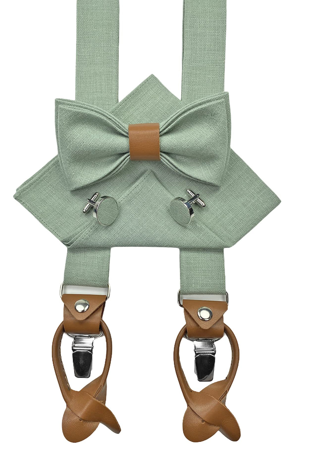 LINILI Leinen Accessoires SET: Fliege, Hosenträger, Einstecktuch, Manschettenknöpfe- Fliege Bereits