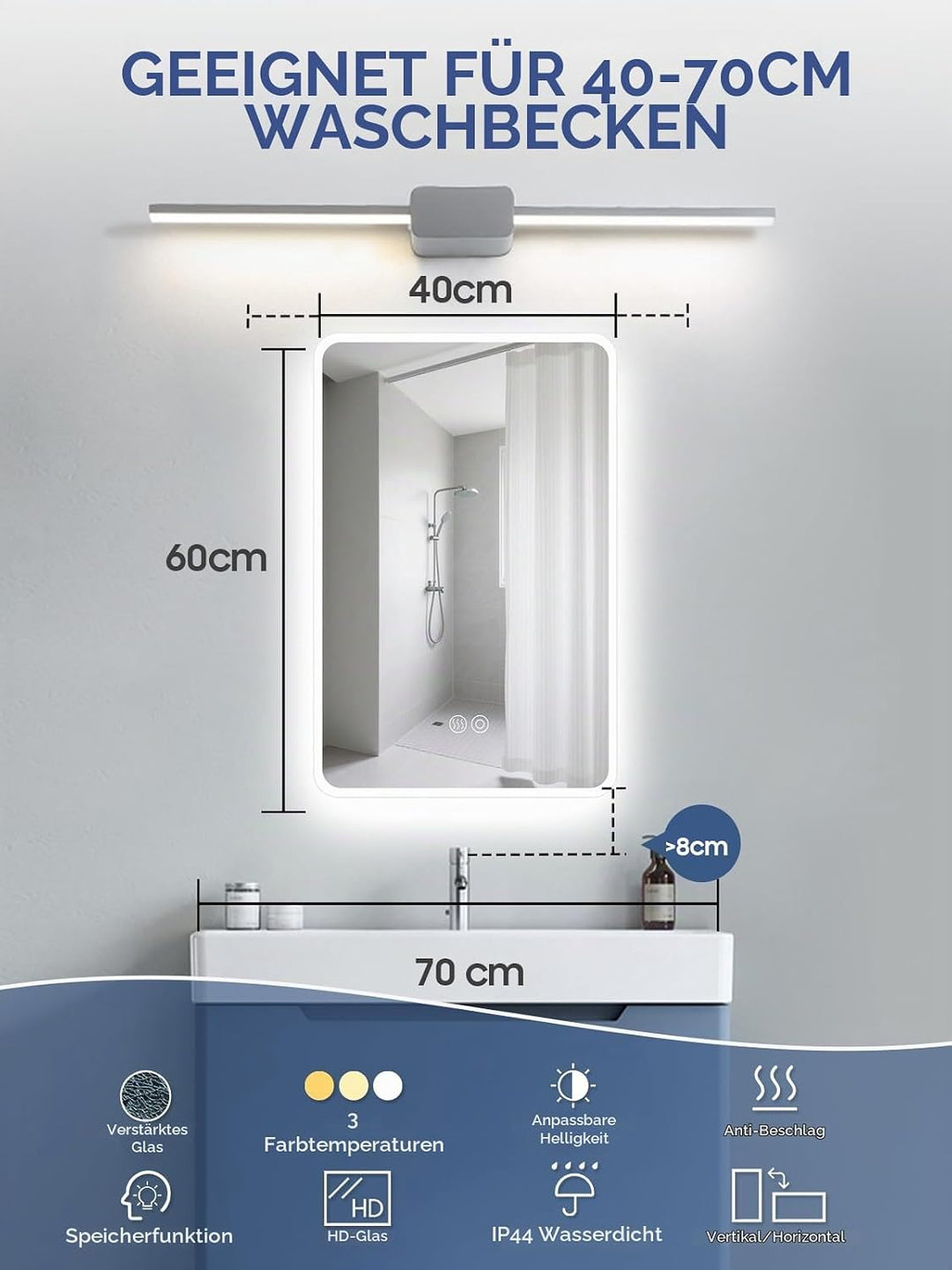 LED Spiegel mit Beleuchtung, 40x60cm Badezimmerspiegel mit Touchschalter, Anti-Fog,Dimmbar Licht 3 F