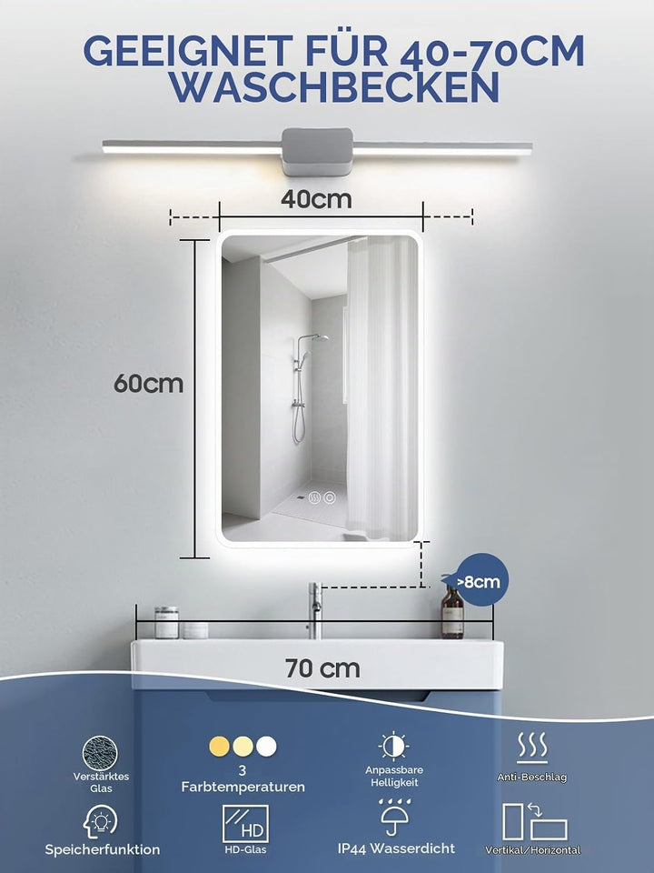 LED Spiegel mit Beleuchtung, 40x60cm Badezimmerspiegel mit Touchschalter, Anti-Fog,Dimmbar Licht 3 F
