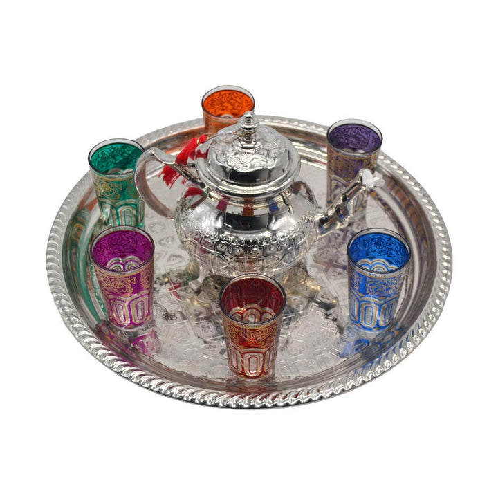 Marokkanisches Tee-Set für den täglichen Gebrauch: Teekanne 750 ml Tablett 33 cm 6 typische Gläser a