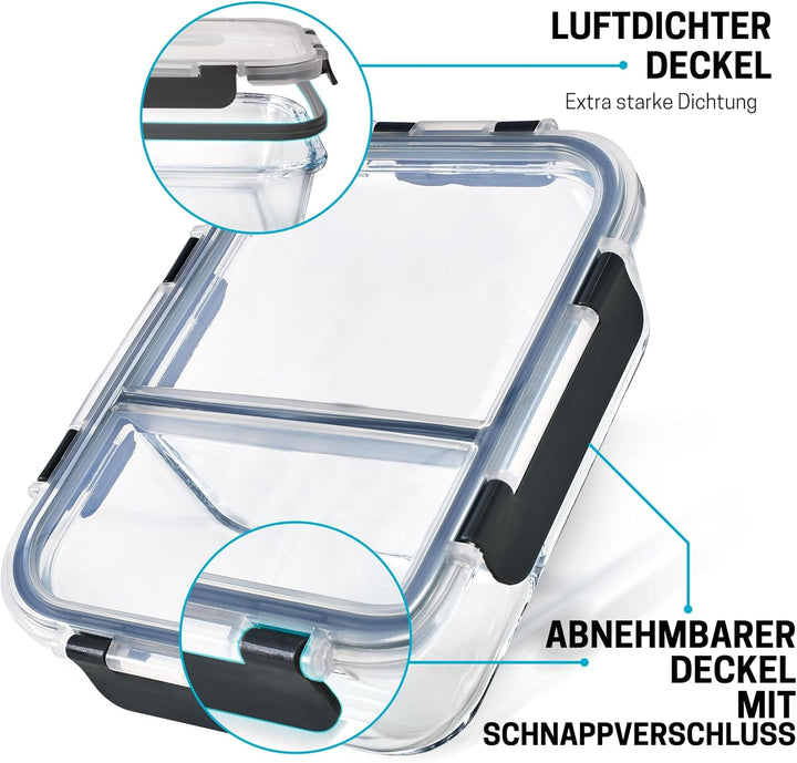 2-Fach Meal Prep Container aus Glas mit Transparentem deckel – Luftdicht Verschliessbare Frischhalte