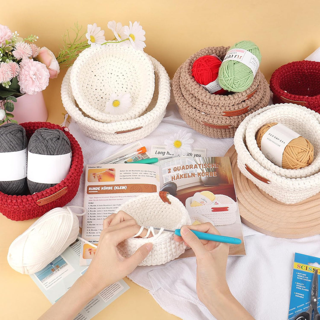 Coopay Häkelset für Anfänger – 3 Grössen – runde Körbe – mit Anleitung – DIY mit Wolle, lernen Häkel