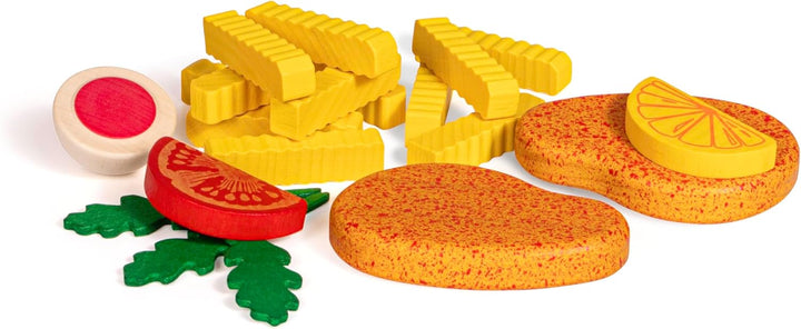 Erzi 28136 Sortierung Schnitzelparty aus Holz, Kaufladenartikel für Kinder, Rollenspiele.