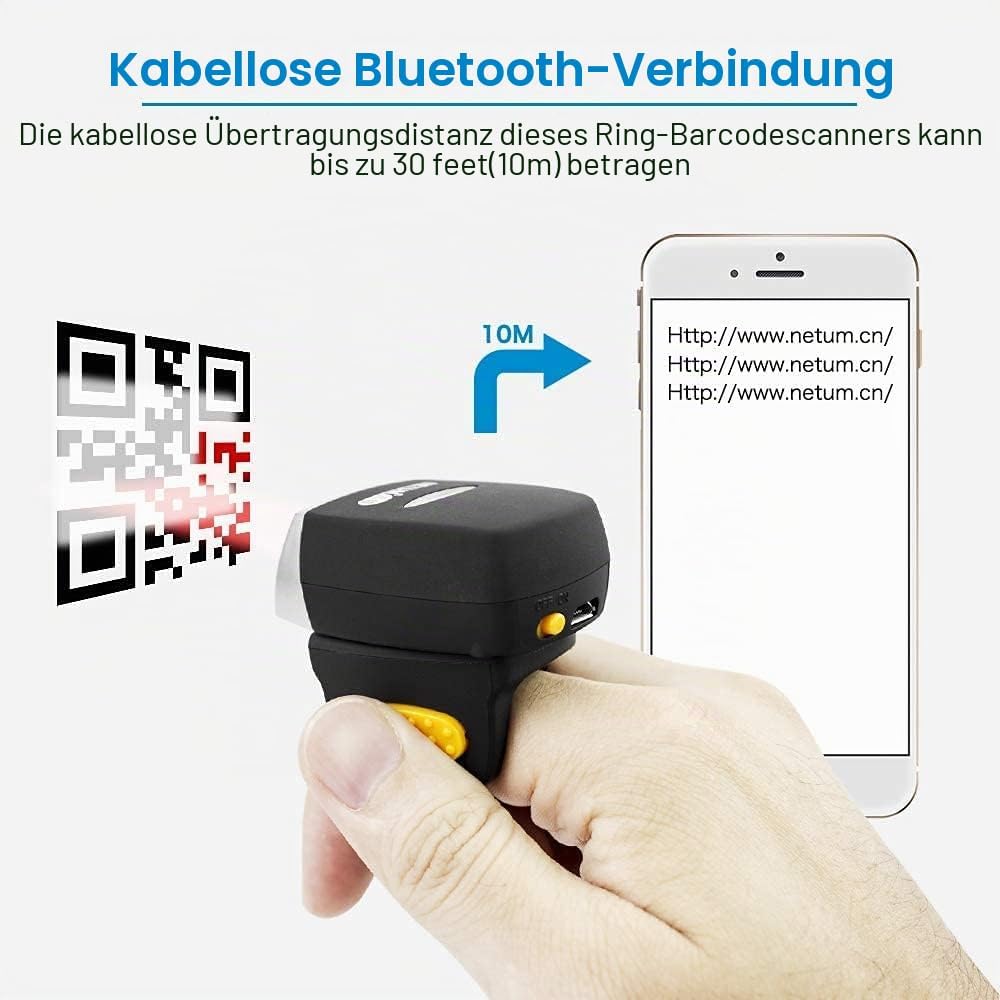 NetumScan Bluetooth Ring 1D 2D QR Barcode-Scanner, Tragbarer Mini-Barcodeleser, Kompatibel mit Windo