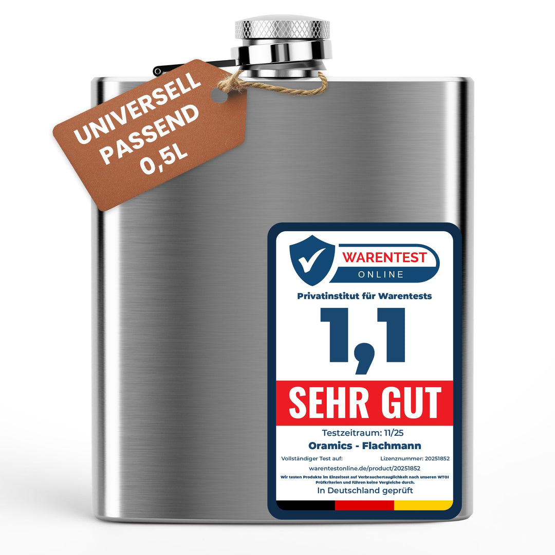 0,5 L Flachmann Trinkflasche aus Edelstahl Silber mit Schraubverschluss - Auslaufsicher mit 500 ml F