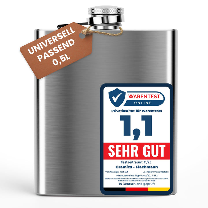 0,5 L Flachmann Trinkflasche aus Edelstahl Silber mit Schraubverschluss - Auslaufsicher mit 500 ml F