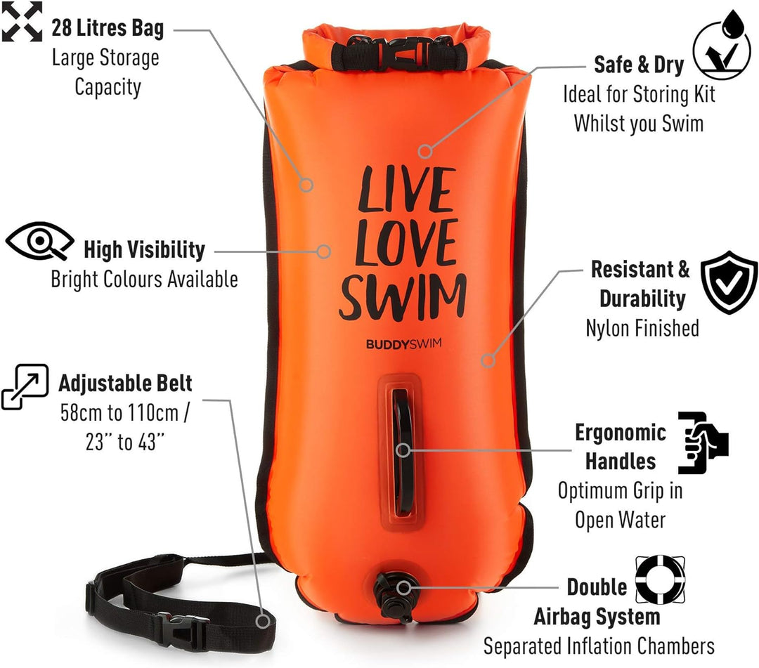 Buddyswim Set aus Freiwasser-Schwimmboje 28 Liter und Badekappe. Sicherheitsboje zum Schwimmen im of