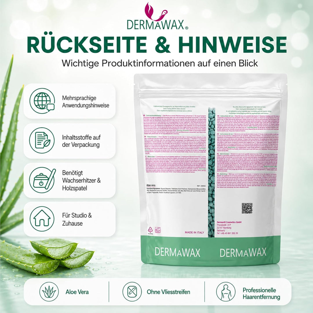 Dermawax 2 kg Aloe Vera Wachs Heisswachs Waxing Perlen Wachsperlen Wax Anwendung ohne Wachsstreifen