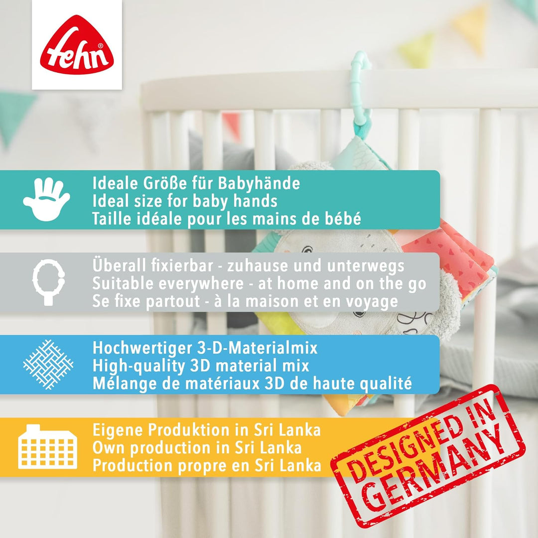 Fehn Fühlbuch Esel & Teddy - Buggybuch mit Bio Baumwolle - Babyspielzeug Buch mit Rassel, Raschelpap