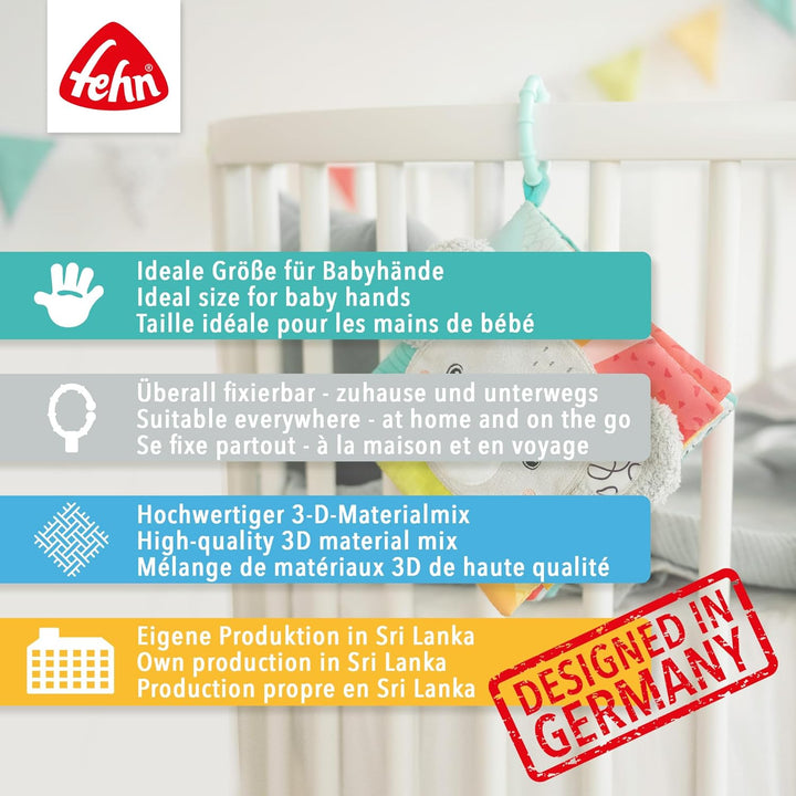 Fehn Fühlbuch Esel & Teddy - Buggybuch mit Bio Baumwolle - Babyspielzeug Buch mit Rassel, Raschelpap