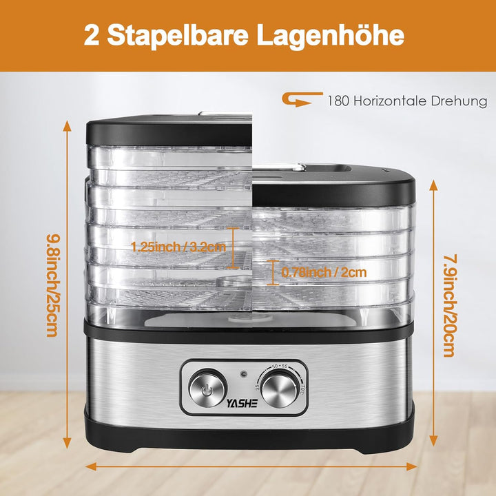 YASHE Dörrautomat, 5 Höhenverstellbare Tabletts, Temperaturregelung 35–70°C, 240W, BPA-Frei, Leiser