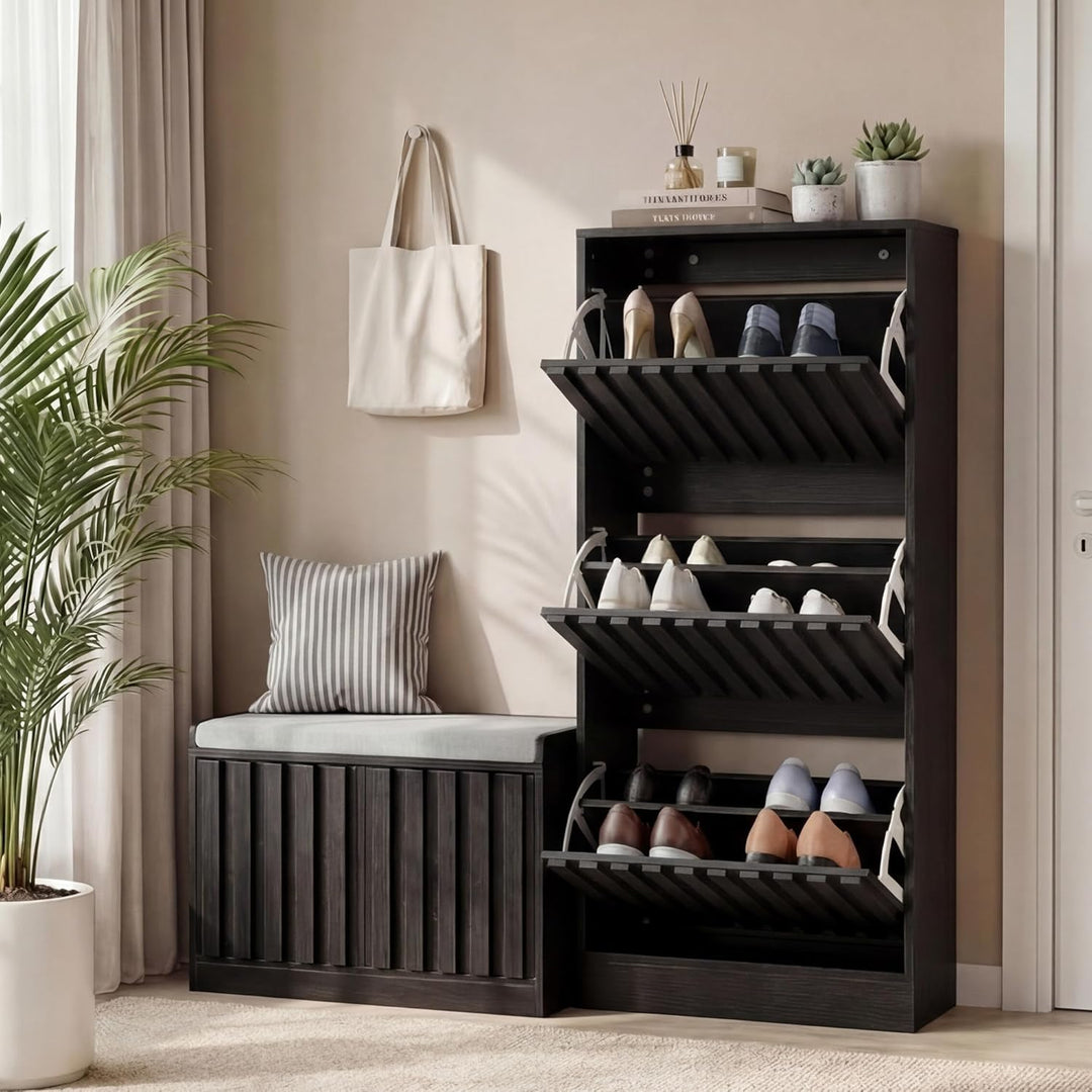 UEV Schuhschrank mit 3 Klappen, Schuhkipper Schuhkommode Schuhregal schmal für Flur mit Kippschutz/G