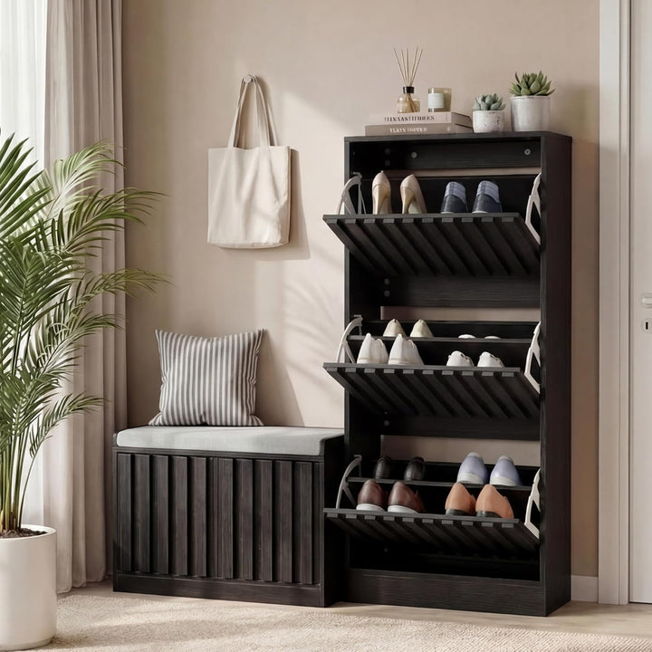 UEV Schuhschrank mit 3 Klappen, Schuhkipper Schuhkommode Schuhregal schmal für Flur mit Kippschutz/G