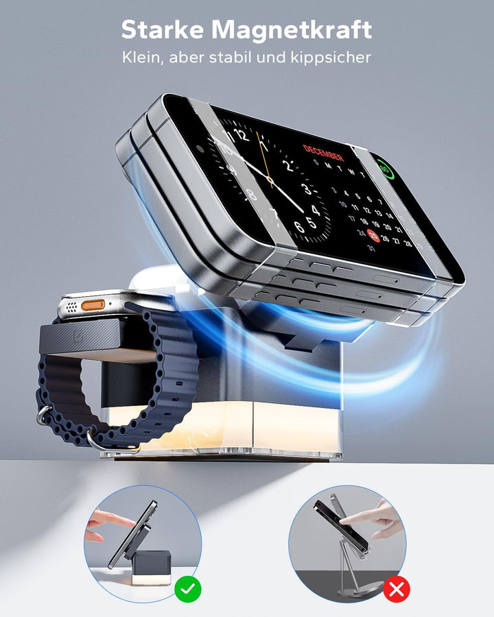 KPON Ladestation Apple Watch und Iphone für Magsafe, 3-in-1 Cube Induktive Ladestation mit Magsafe L