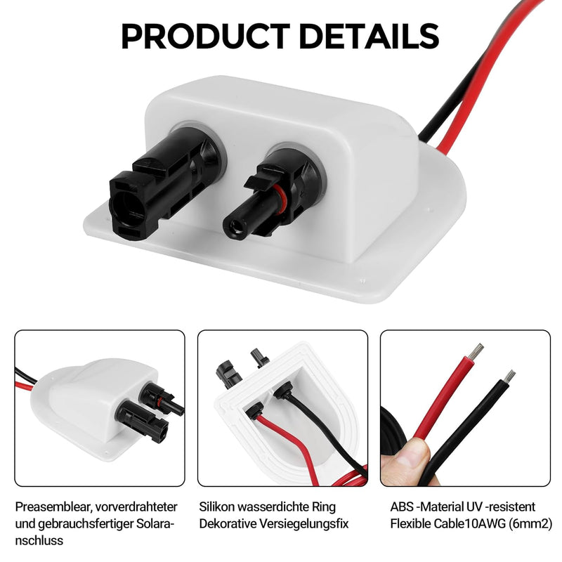 Solar Doppel Kabeldurchführung mit 10Ft 10AWG Weichem Kupferkabel, Wetterfest Gehäuse mit Doppelter