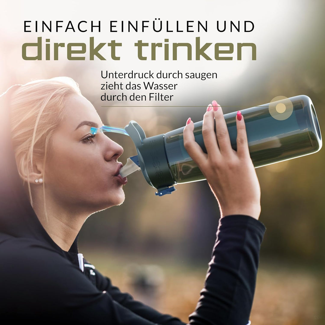 BERGKVIST® Outdoor Wasserfilter Flasche OBSIDIAN (650ml) mit Kompass - Trinkflasche mit Filter für s