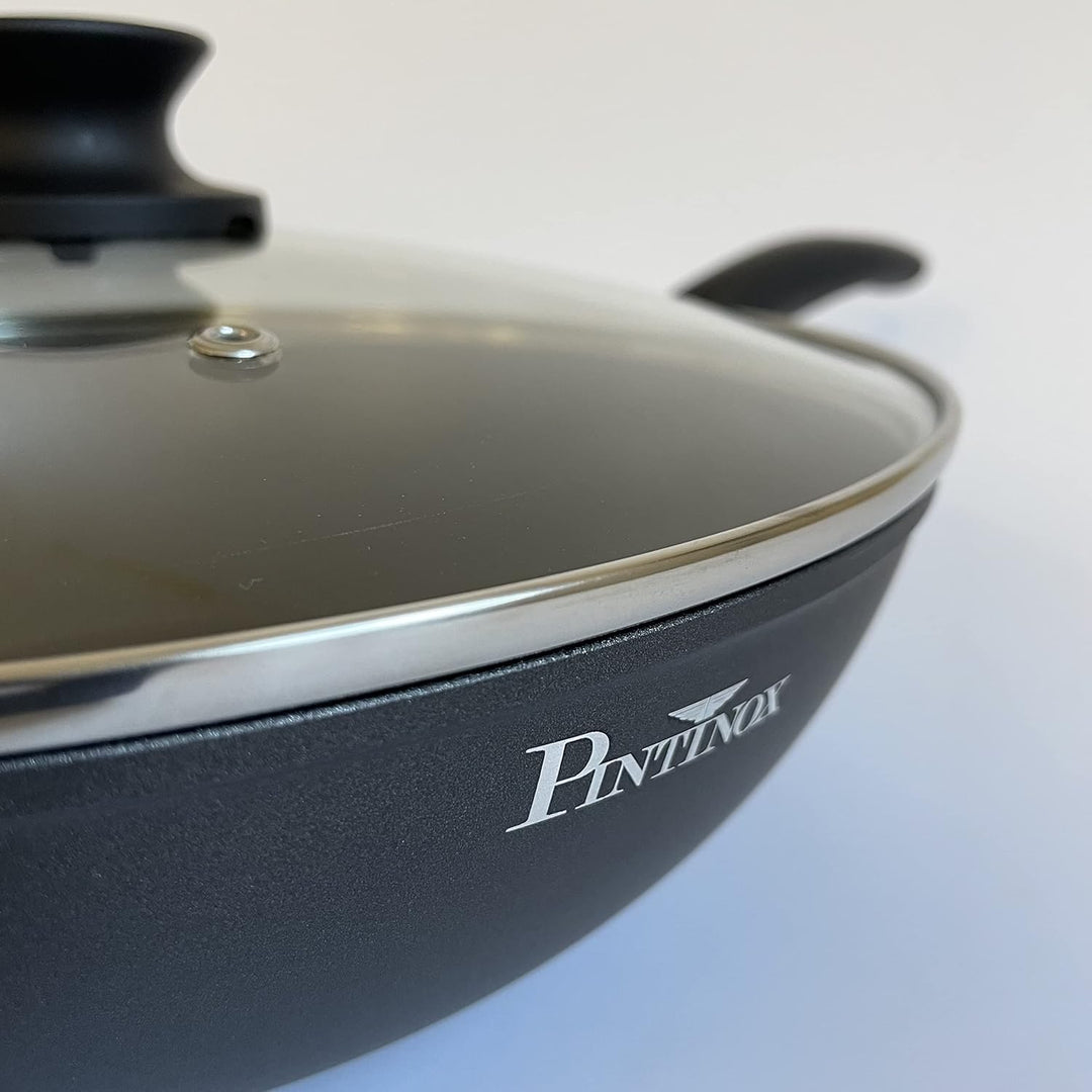 Pintinox Aluminium Wok mit Deckel 28 cm Ø Serie Power Xylan Antihaftbeschichtung Induktion