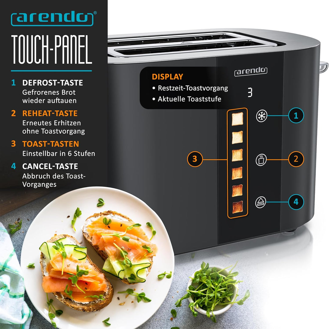 Arendo - Edelstahl Toaster 2 Scheiben - Touchscreen – Doppelwandgehäuse – 800 W – Integrierter Brötc