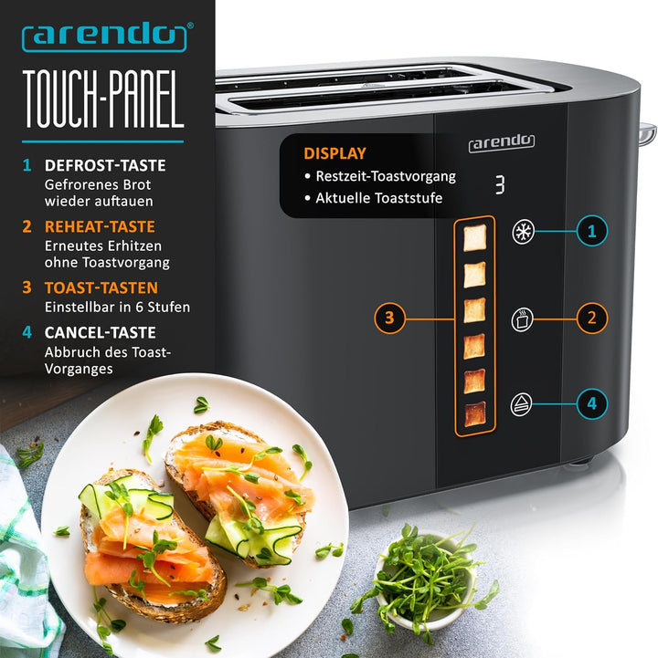 Arendo - Edelstahl Toaster 2 Scheiben - Touchscreen – Doppelwandgehäuse – 800 W – Integrierter Brötc