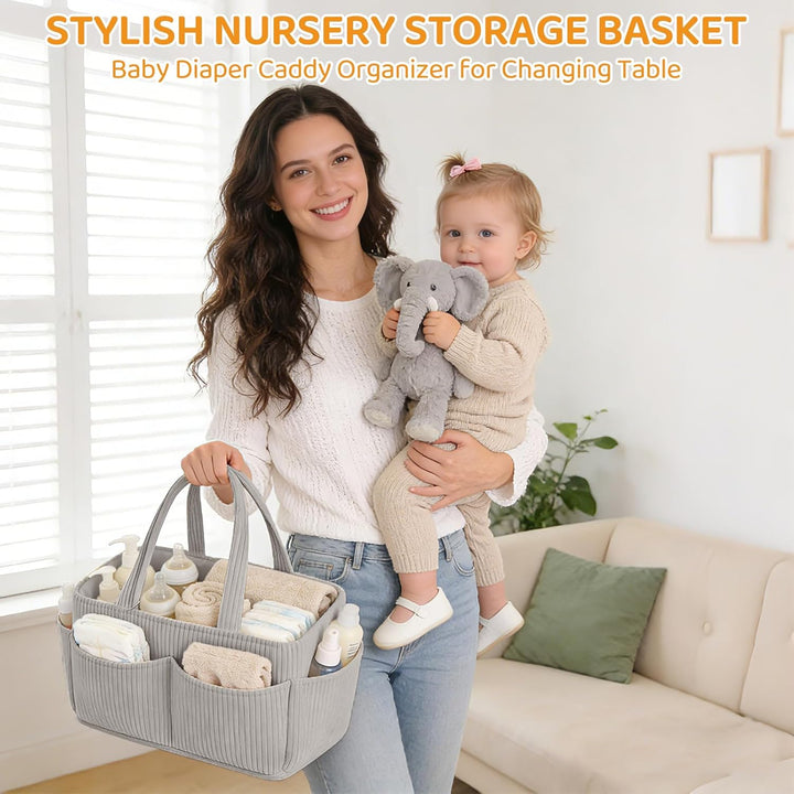 Wickelkorb Cord für Wickeltisch,Baby Windel Caddy Organizer mit Wechselbaren Fächern,Stilvoller Aufb