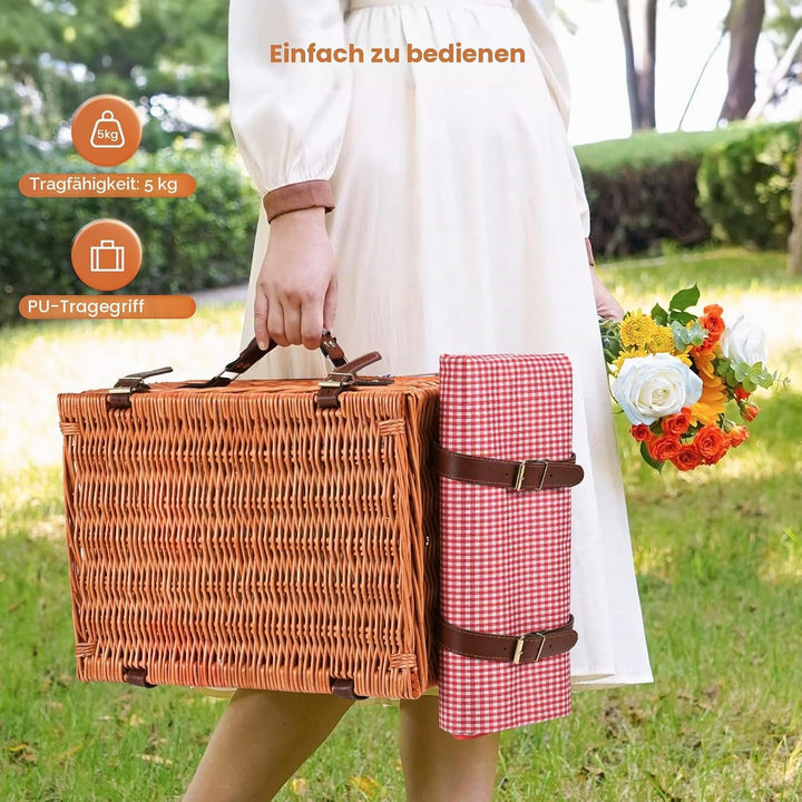 Premium Picknickkorb-Set für 4 Personen, Weidenkorb mit Kühlfach, Wasserdichter Decke, Tellern, Gläs