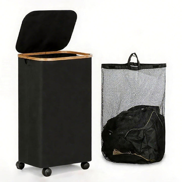 Bambus Wäschekorb 110L mit Rollen und Deckel, faltbare Wäschebox für Bad und Schlafzimmer (BLACK) Sc