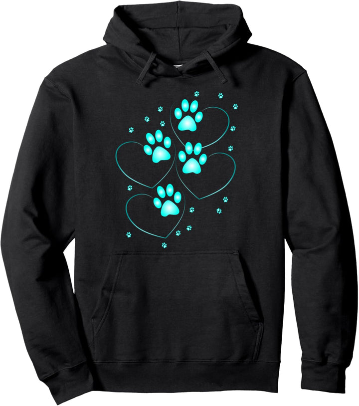 Türkisfarbene Herzen mit Pfoten eines Hundes oder Katze Pullover Hoodie