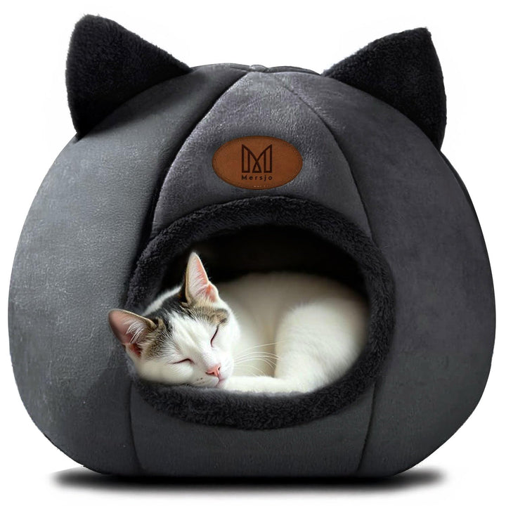 Katzenhöhle mit Ohren, Plüsch-Katzenbett, Schwarz, rutschfeste Unterseite, Schwarz