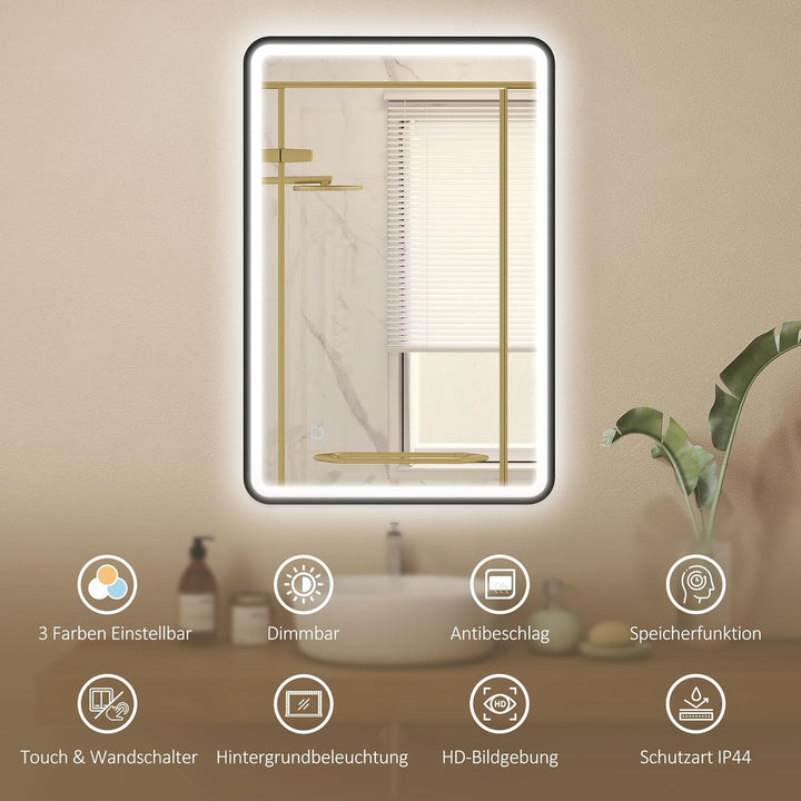 HOMCOM Badspiegel mit Beleuchtung 90x60 cm LED Spiegel mit 3 Lichtfarben Dimmbar, Hintergrundbeleuch