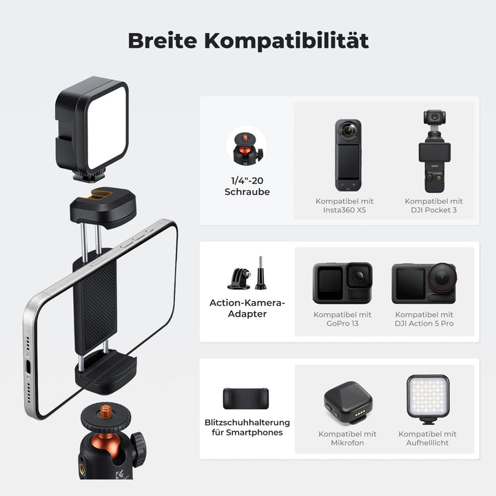 K&F CONCEPT MS-62 65cm Selfie Stick, leicht tragbares Kamera Handy Stativ mit 1/4"-Schraubschnittste